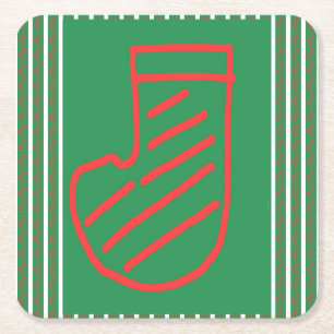 Dessous-de-verre Carré En Papier Chaussette de Noël Rouge Vert sur Fond Vert