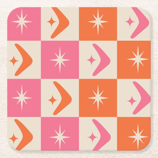 Dessous-de-verre Carré En Papier Checkered Mid Century Boomerangs pink and orange  (Devant)