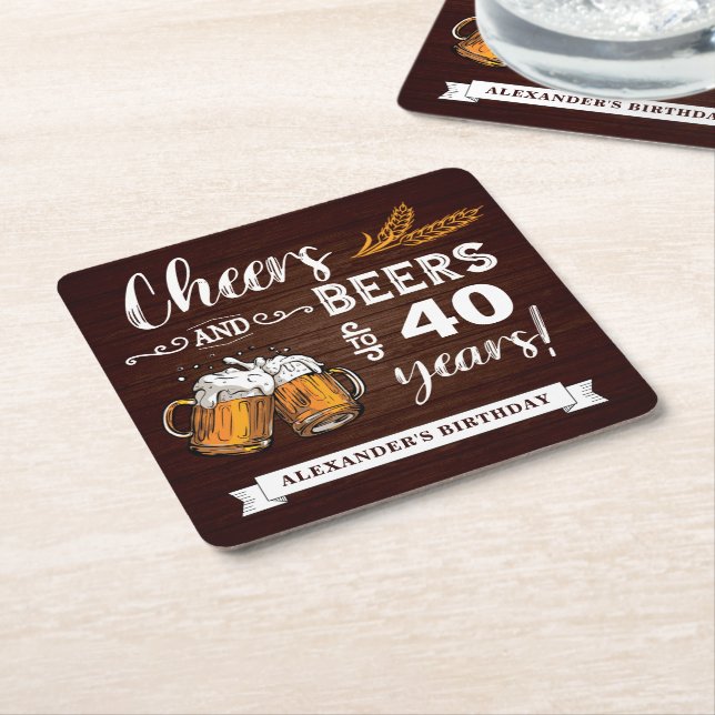 Dessous-de-verre Carré En Papier Cheers and Beers 40th Birthday Rustic (Incliné)