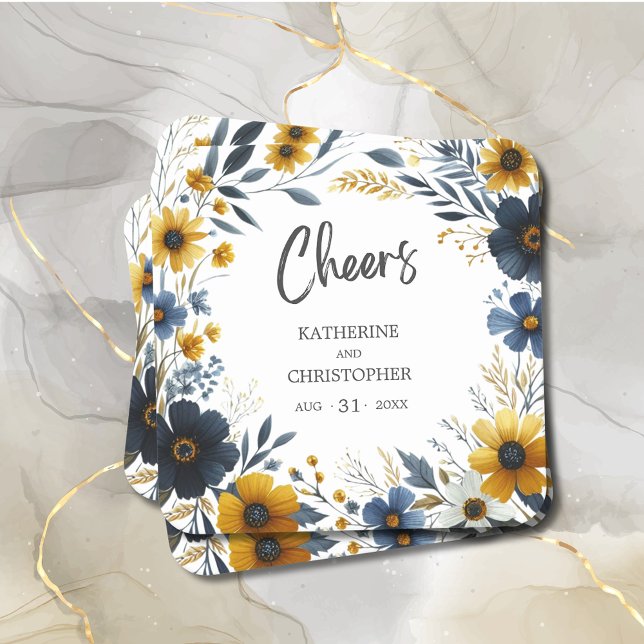 Dessous-de-verre Carré En Papier Cheers Blue Jaune Fleurs sauvages Élégant mariage (Cheers Wildflower Wedding Coast with Blue and Yellow Wildflowers, wedding details.)