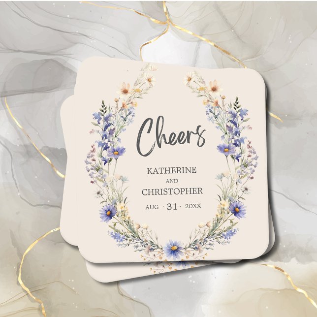 Dessous-de-verre Carré En Papier Cheers Dusty Blue BOHO Fleurs sauvages mariage élé (Cheers BOHO Wildflowers Elegant Wedding Coaster with blue & yellow flowers, couple names, date.)