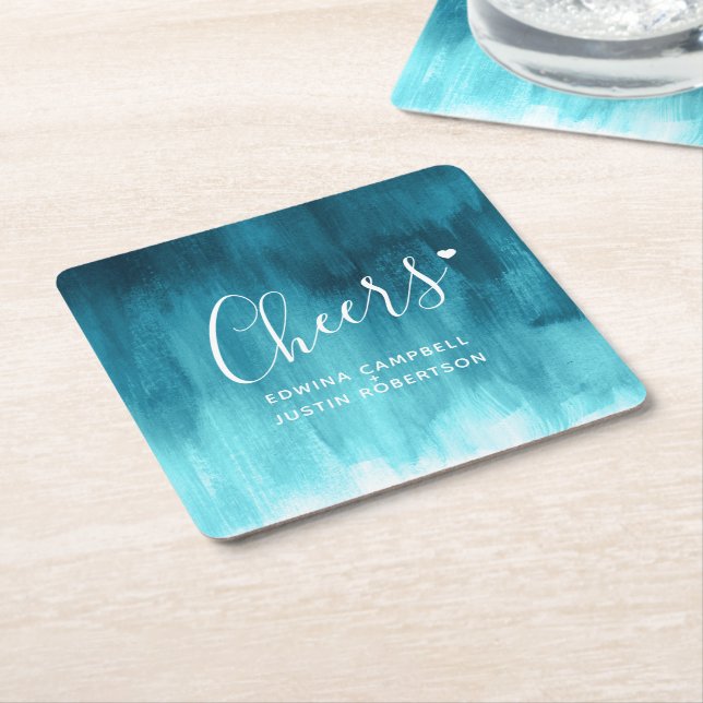 Dessous-de-verre Carré En Papier Cheers teal moderne art wash paper coasters (Incliné)