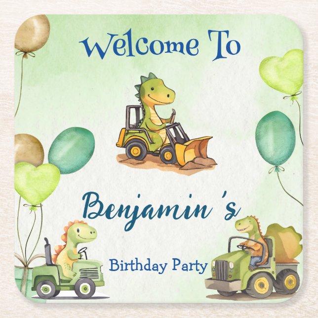 Dessous-de-verre Carré En Papier Cher dinosaure de construction ballon de camion de (Devant)