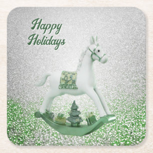Dessous-de-verre Carré En Papier Cheval à bascule blanc Noël vert Dessous de verre