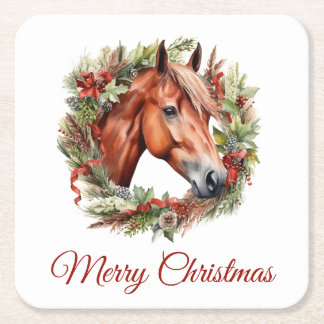 Dessous-de-verre Carré En Papier Cheval de châtaignier et couronne de Noël Aquarell