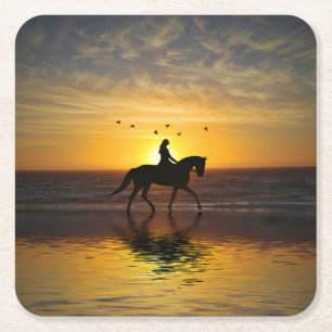 Dessous-de-verre Carré En Papier Cheval et cavalier sur la plage Dressage coucher d