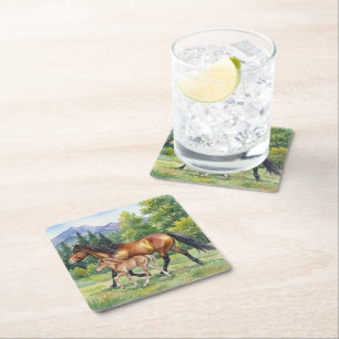 Dessous-de-verre Carré En Papier Cheval islandais Sola et poulain dans une prairie