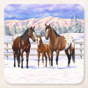 Dessous-de-verre Carré En Papier Chevaux Appaloosa De Baie Brown En Neige