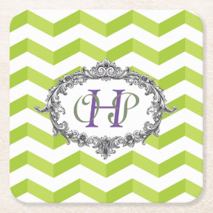 Dessous-de-verre Carré En Papier Chevron et cadre ovale vert et blanc avec monogram
