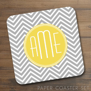 Dessous-de-verre Carré En Papier Chevrons gris et jaune Monogramme personnalisé
