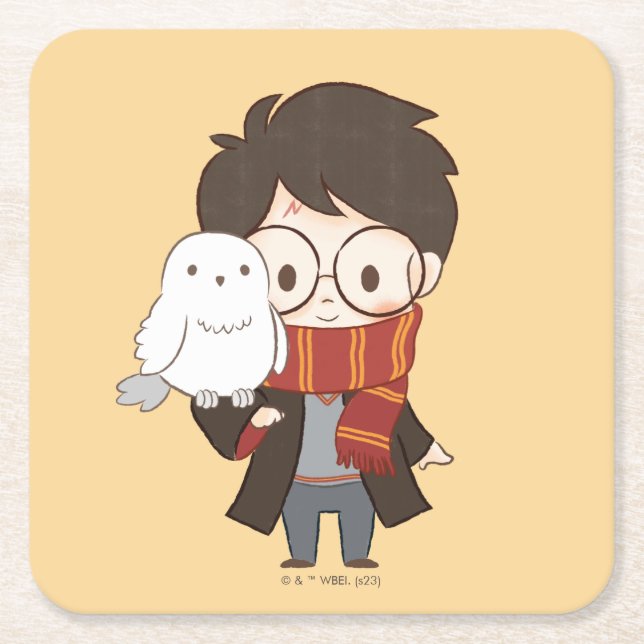 Dessous-de-verre Carré En Papier Chibi HARRY POTTER™ & Hedwig (Devant)