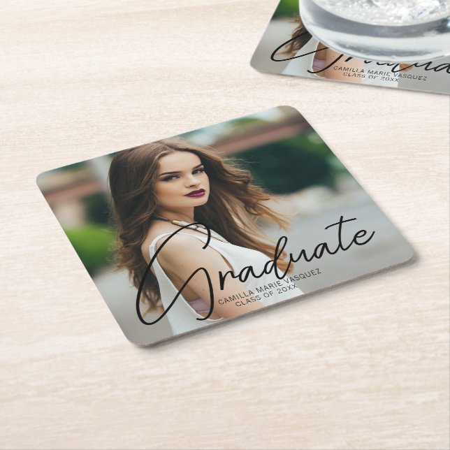 Dessous-de-verre Carré En Papier Chic Graduation Photo Black Script Overlay Party (Incliné)
