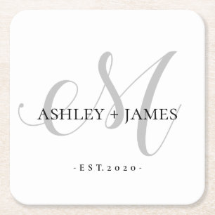Dessous-de-verre Carré En Papier Chic Silver M Monogramme Nom du script Mariage Da