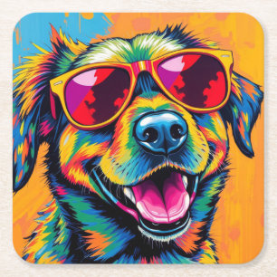 Dessous-de-verre Carré En Papier Chien Abstrait Coloré avec Lunettes de Soleil