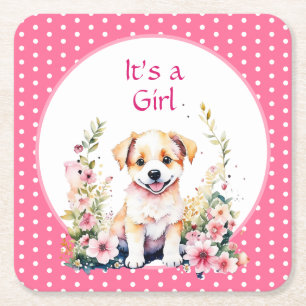 Dessous-de-verre Carré En Papier Chien chiot en fleurs Baby shower de fille C'est u