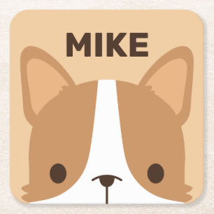 Dessous-de-verre Carré En Papier Chien Corgi mignon avec nom personnalisé