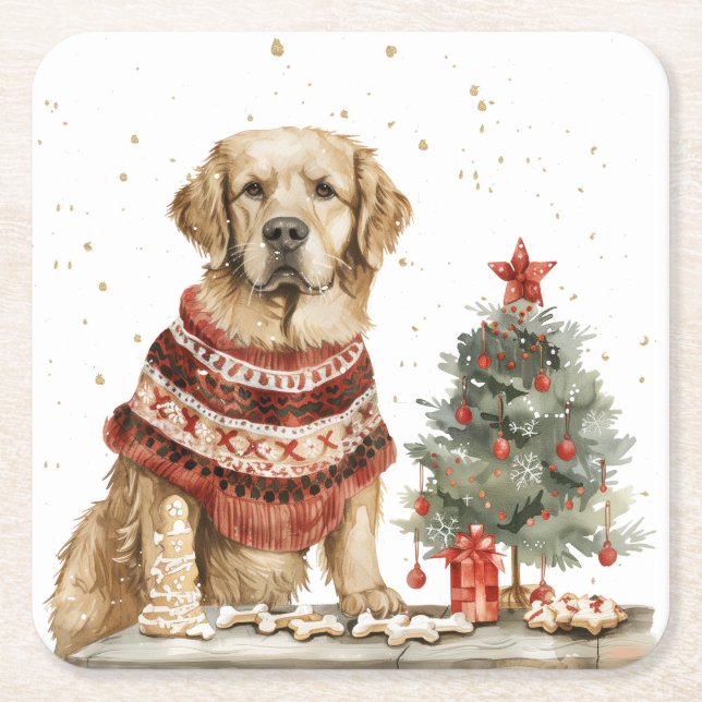 Dessous-de-verre Carré En Papier Chien de Noël Golden Retriever (Devant)