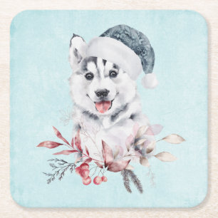 Dessous-de-verre Carré En Papier Chien de Noël Husky dans un chapeau de Père Noël