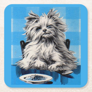 Dessous-de-verre Carré En Papier chien dodu mangeant à la table