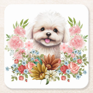 Dessous-de-verre Carré En Papier Chien maltais aux fleurs, Chien maltais mignon