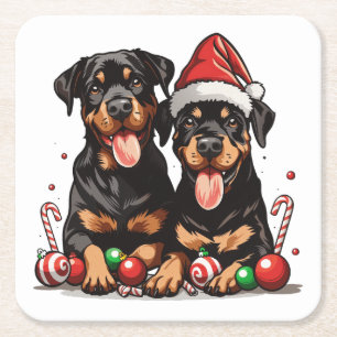 Dessous-de-verre Carré En Papier Chien Rottweiler Noël Santa