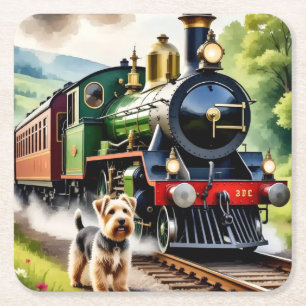 Dessous-de-verre Carré En Papier Chien saluant un train à vapeur