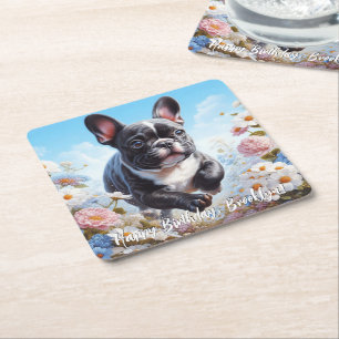 Dessous-de-verre Carré En Papier Chien-taureaux et fleurs français noir et blanc