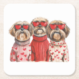 Dessous-de-verre Carré En Papier Chiens de Chih Tzu de la fête de Valentines
