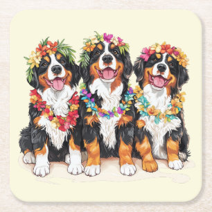 Dessous-de-verre Carré En Papier Chiens de montagne bernois hawaïens Lei de fleurs