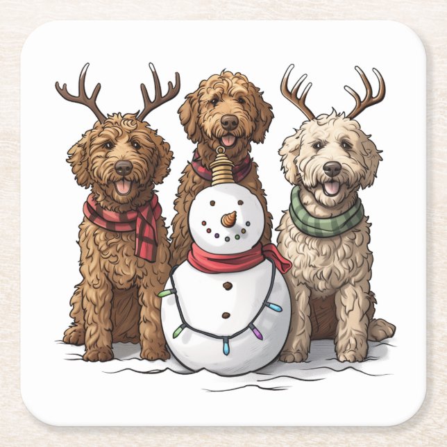 Dessous-de-verre Carré En Papier Chiens de Noël Goldendoodle (Devant)