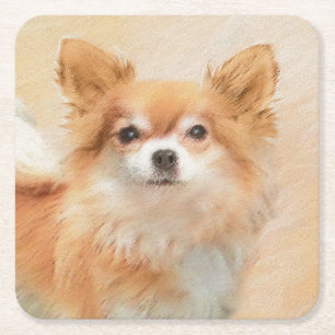 Dessous-de-verre Carré En Papier Chihuahua Peinture de Chien à long Haired Art orig