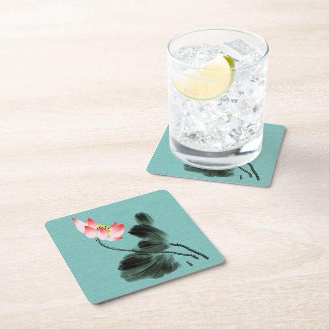 Dessous-de-verre Carré En Papier Chinoiserie Aquarelle peinture Lotus Floral (En situation)