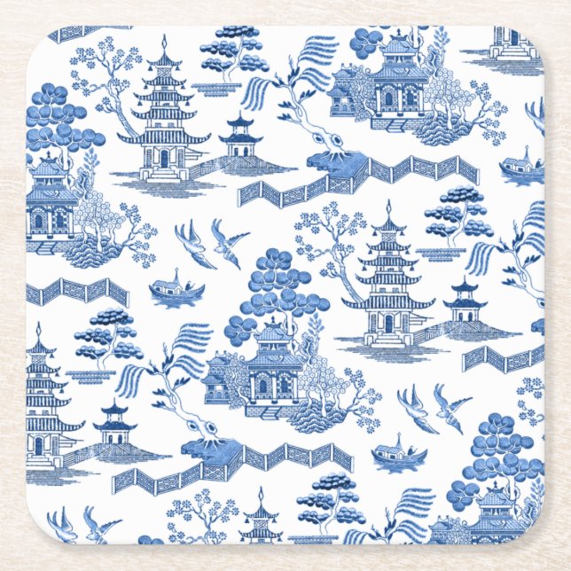 Dessous-de-verre Carré En Papier Chinoiserie Blue Willow pattern  (Devant)