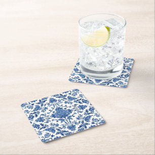 Dessous-de-verre Carré En Papier Chinoiserie florale bleue aquarelle blanche
