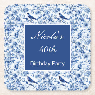 Dessous-de-verre Carré En Papier Chinoiserie Oiseaux bleus et Fleurs Anniversaire