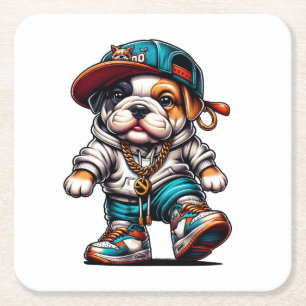 Dessous-de-verre Carré En Papier Chiot Bouledogue Mignon en Tenue Streetwear