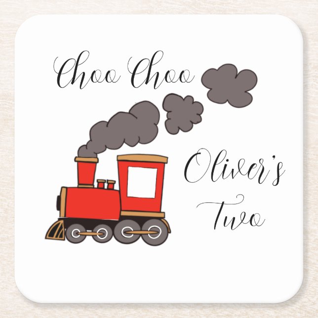 Dessous-de-verre Carré En Papier Choo Choo I’m Two red train anniversaire (Devant)