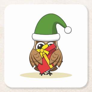 Dessous-de-verre Carré En Papier Chouette elfe de Noël avec présent