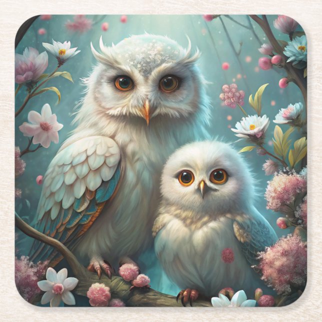 Dessous-de-verre Carré En Papier Chouette et bébé (Devant)