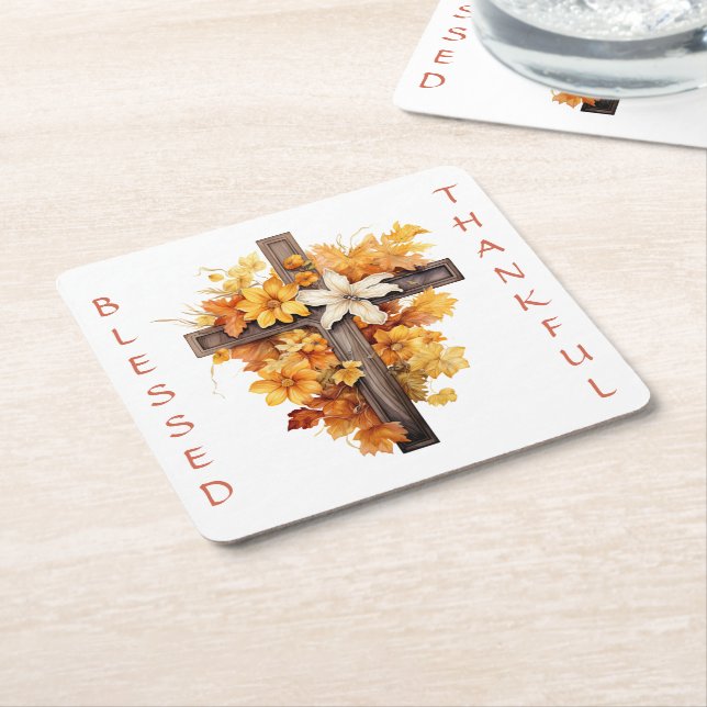 Dessous-de-verre Carré En Papier Christian Automne Floral Cross Thanksgiving (Incliné)