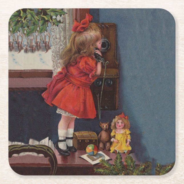 Dessous-de-verre Carré En Papier Christmas Little Girl Téléphone Antique (Devant)