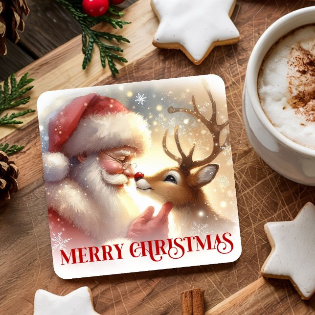 Dessous-de-verre Carré En Papier Christmas Paper Coasters Santa Claus and Rudolph (Christmas Paper Coasters with Santa Claus and Rudolph)