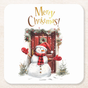 Dessous-de-verre Carré En Papier Christmas Snowman Gold Joyeux Noël Texte