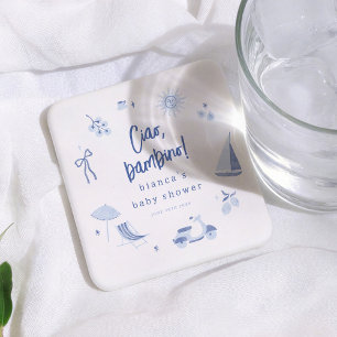 Dessous-de-verre Carré En Papier Ciao Bambino Baby Shower Garçon Bleu Italien