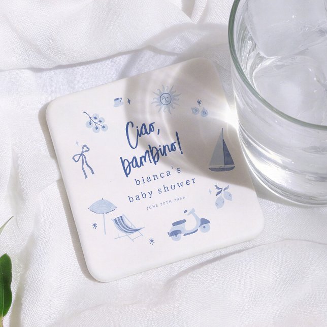 Dessous-de-verre Carré En Papier Ciao Bambino Italian Blue Boy Baby Shower (Créateur téléchargé)
