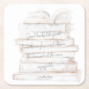Dessous-de-verre Carré En Papier Citation d'amitié et de livres à l'aquarelle blanc