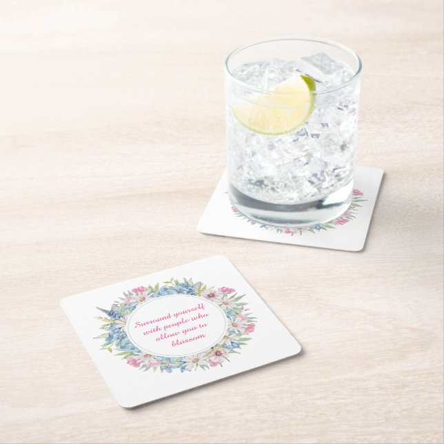 Dessous-de-verre Carré En Papier Citation Motivationnelle Pink Blanc Bleu Floral Wr (En situation)