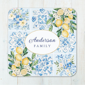 Dessous-de-verre Carré En Papier Citron de carreau italien bleu aquarelle personnal