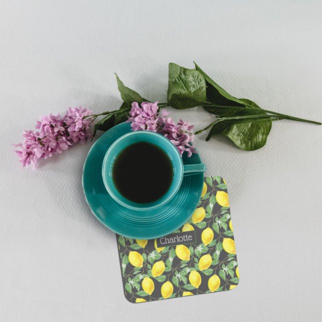 Dessous-de-verre Carré En Papier Citron motif nom personnalisé jaune gris (Créateur téléchargé)