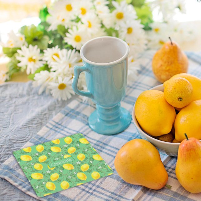Dessous-de-verre Carré En Papier Citron motif nom personnalisé jaune vert (Créateur téléchargé)